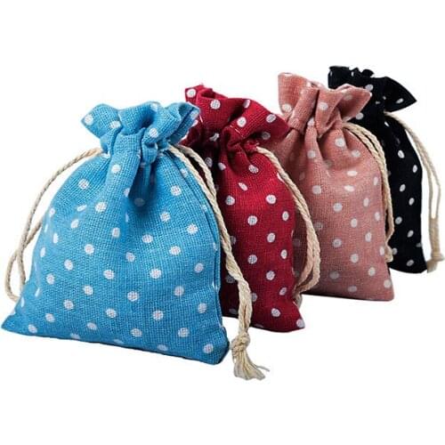 Polka Dot 10x14cm Drawstring Burlap Hessian Jute Gift Candy Bags Packaging Bag Weddings Favor Pouch Jewelry Gift Bag Supplies