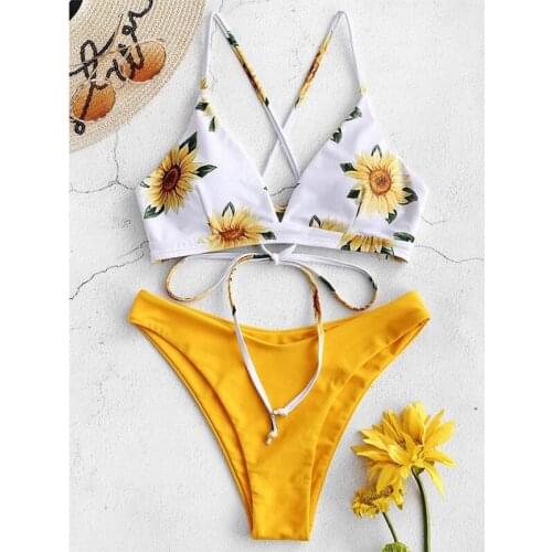Sunflower Printed Bikini Set Sexy Swimwear Women 2021 Mujer Push Up Padded Biquini Bathers Bandage Bathing Suit Swimsuit Bikini