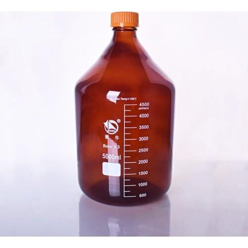 Brown reagent bottle,With yellow screw cover,Borosilicate glass 3.3,Capacity 5000ml,Graduation Sample Vials Plastic Lid