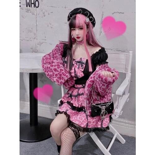 Hot Girls Set Japanese Harajuku Mini Cake Skirts Pink Leopard Bow Tie Sweet Soft Girl Punk High Waist Kawaii Short Skirts Set