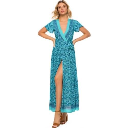Fashion Elegant Women Bohemian Sexy Boat Neck Glitter Deep V Neck Print Party Dress Bind Formal Long Dress Sexy Clubwear Dress