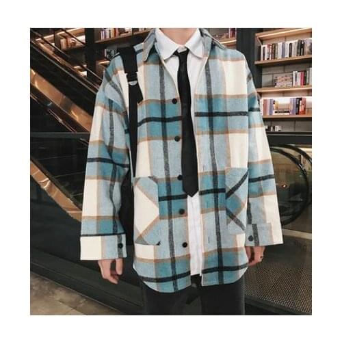 2021 Mens Woollen Cloth Material Lattice Printing Long Sleeves Shirt Loose Coats Brand Fashion Red/green Color Shirts