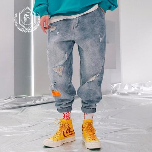 Men Loose Vintage Harem Jogger Jeans Fashion Ankle-Length Hole Hip Hop Jeans