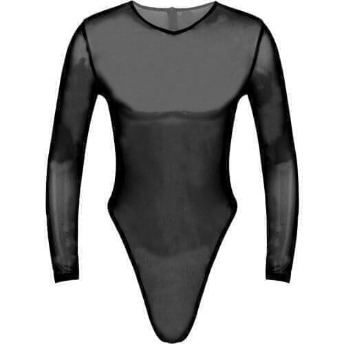 Mens Sexy Lingerie Bodysuit See Through Mesh Long Sleeve High-Cut Thongs Back Zipper Leotard Slim Fit Jumpsuit Sexy Sleepwear