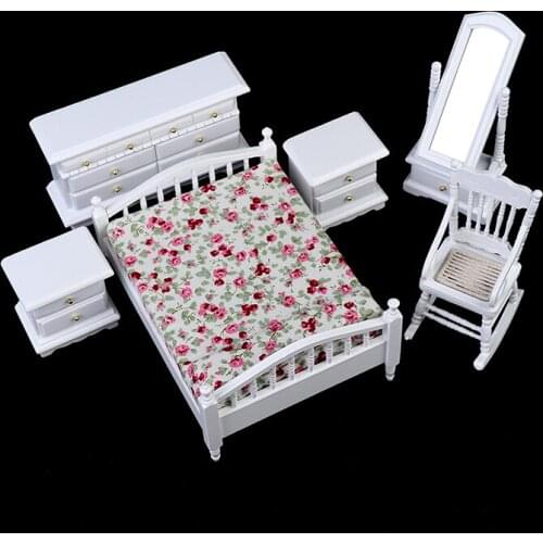 6pcs 1:12 Dollhouse Furniture Set Doll House Bedroom Accessory Kits Wooden Double Bed Long Mirror Table Chair Bedside Cabinet