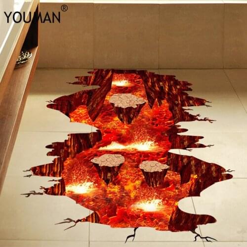Wall Stickers PVC Wall Floor Sticker Ground Crack Hole 3D Volcanic Magma Kids Room Decoration Sticker Poster DIY Bathroom Idea