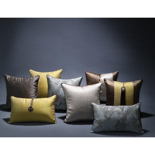 Chinese style home decor cushion cover brown yellow patchwork tassel jacquard pillow cover blue mountain embroidered pillowcase