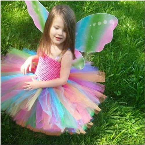 Rainbow Girls Crochet Tutu Dress Baby Handmade 2Layer Fluffy Tulle Ballet Tutus with Butterfly Wing Set Kids Party Costume Dres