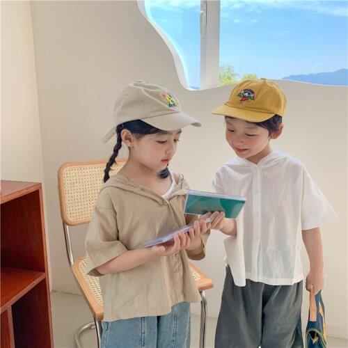 2021 Summer unisex children solid colot hooded short sleeve shirt boys girls thin loose casual Tops