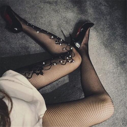 Sexy Women Stockings Female Side Printed Tight Big Flower Point Hot Drilling Fishnet Pantyhose Black Stockings Hollow Out New