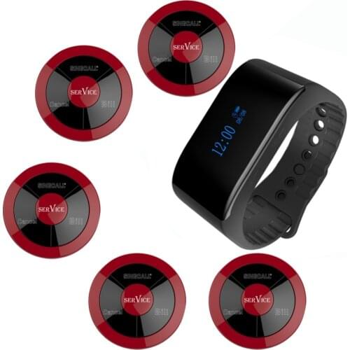 SINGCALL Wireless Restaurant Bell System Call Waiter 1 Wrist Waterproof Calling Receiver and 5 Waterproof Multi-key Buttons