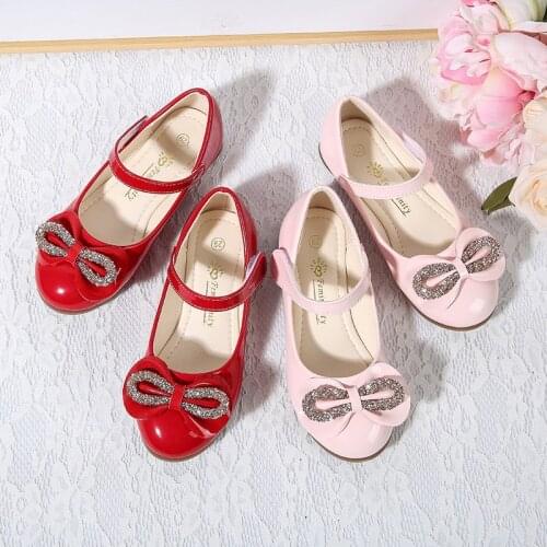 IYEAL Fashion Big Girls Shoes with Sequins Bow Pink Red Leather Slip-on Children Flat Shoes for Princess Girls Shoes Size 6-13.5