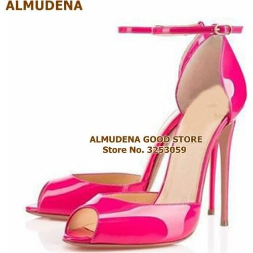 ALMUDENA Fuchsia Pink Patent Leather High Heel Pumps Open Toe Ankle Buckle Strap Dress Shoes Covered Heel Wedding Heels Dropship