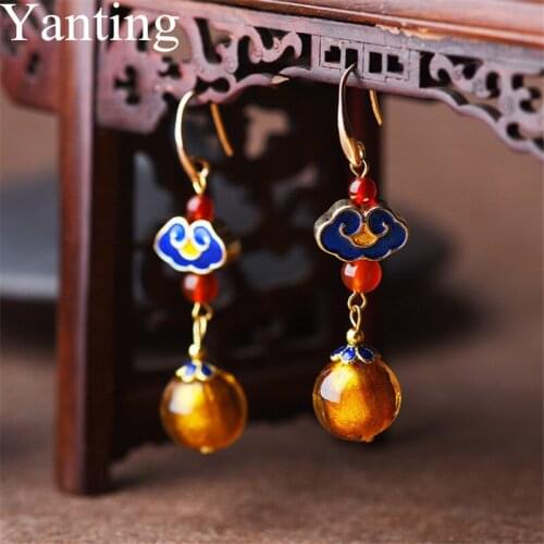 Yanting Ethnic Women Earrings Vintage Smiling Cloisonne Natural Stone Dangle Earrings Female Gifts For Girlfriend Handmade 0188
