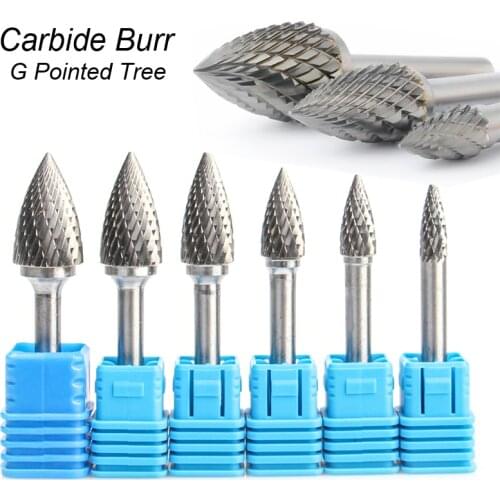 Pointed Tree G 6mm 1/4" Shank Style Mould Carving Grinding Tools Cut Tungsten Carbide Rotary File Bits Burr Milling Cutter Metal