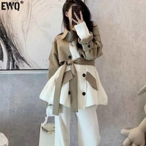 [EWQ] Autumn Double Breasted Elegant Office Lady Loose Casual Jacket Coat 2021 Knitting Patchwork Jacket Coat Women