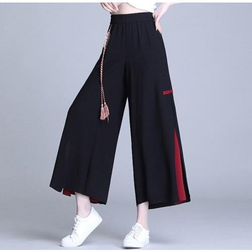 Chinese Style WomenS Pants 2021 New Summer Hippie Ethnic Loose Black Slit Wide Leg Pant Femme Pantalones Kimonos Trousers