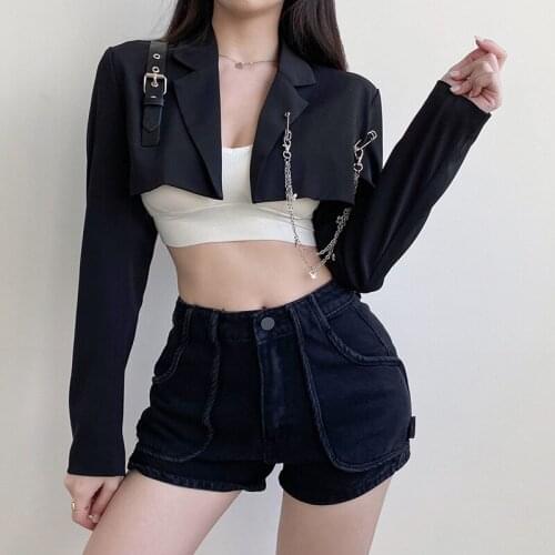2021 Woman Punk Chain Black Short Jacket Buckle Fashion New Streetwear Blazer Cropped Coat Fall Winter Solid Jackets Outerwear