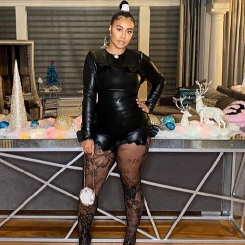 Sexy Party Club Womens Suit Summer 2021 O-neck Solid Artificial Leather Patchwork Tops Shorts Sets Femme Streetwears