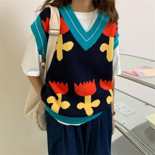 New Hit Color Cartoon Flower Pattern Knit Vests Women Fall Winter Harajuku Korean Loose Vest Sweaters For Female Streetwear Tops