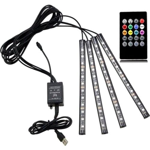 4pcs 8GB 12 LED Multicolor Music Car LED Strips Light Interior Atmosphere Lights USB Lighting Remote Cigarette for Car TV Home