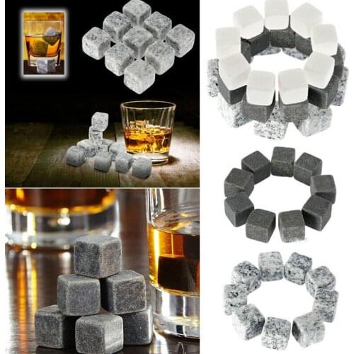 9Pcs Whisky Ice Stones Wine Drinks Cooler Cubes Whiskey Rocks Granite Pouch Reusable Chilling Stones for Wine Bar Tool Sets