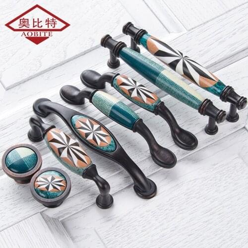 AOBT Ceramic Cabinet Handles Cloth Blue American Antique Furniture Handles Drawer Pulls Kitchen Ceramic Cabinet Knobs Handles