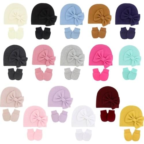 Newborn Beanie Hat Gloves Set Baby Bow Cap Mittens Kit Infants Autumn Winter Warm Cotton Head Wrap Glove Shower Gifts