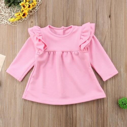 Kids Baby Girls Ruffle Long Sleeve Dress Casual Toddler Button Round Neck Solid Dresses