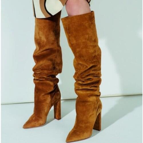 Hot Selling Bronw Suede Loose Fall Boots Pointed Toe Women Square Heels Winter Boots Sexy Chunky Heels Knee High Boots Winter