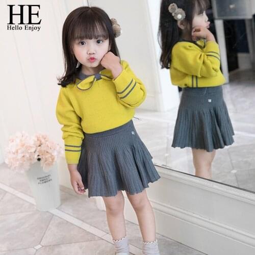 HE Hello Enjoy Winter Autumn Toddler Girls Clothes Sets Boutique Kids Clothing Warm Knit Pullover Sweater+Pleated Skirt Suits