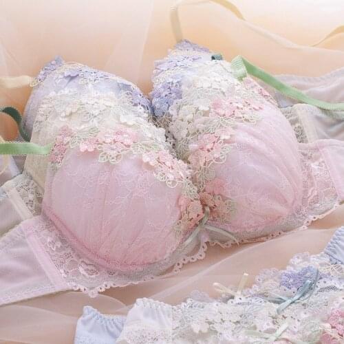 Japanese Sexy Cute Embroidery Flower Print Push Up Bra And Panty Set Lace Lounge Underwear Women Floral Lingerie Bralette Set