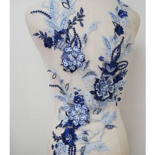 Royal Blue 3D Flower Beaded Rhinestones Lace Large Applique Patch Wedding Dress DIY Skirt Decorative Accessories Sewing 1 Piece