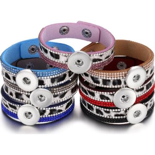 Leopard Leather Snap Button Bracelet Bangles Fit 18mm Snap Buttons Jewelry Adjustable Rhinestone Leather Snap Bracelet