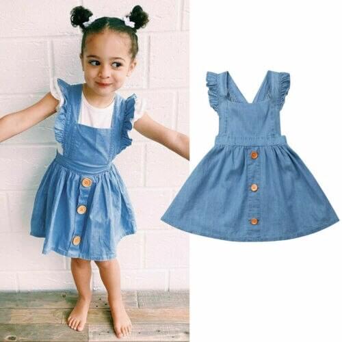 Summer Children Toddler Baby Kids Girl Shoulder Straps Button Denim Backless Tutu Summer Casual Overalls Dresses