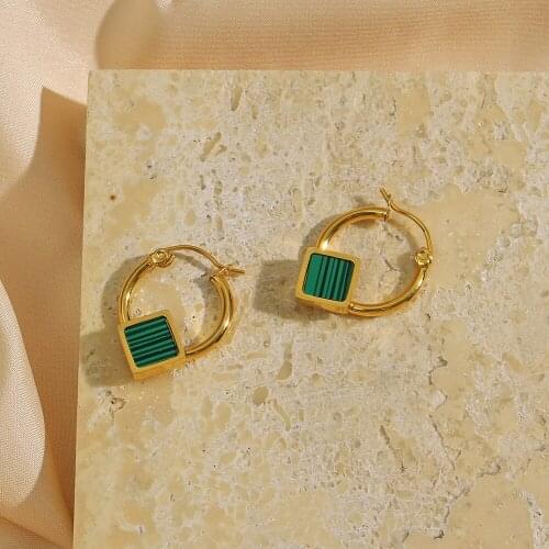 Fashion New Green Acrylic Strip Square Charm Small Hoop Earrings Gold Plated Stainless Steel Girls Hypoallergenic Earring