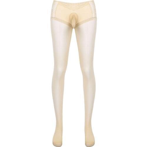 Mens Lingerie Bulge Pouch Pantyhose Underwear Erotic Sexy Stretchy Stocking Lace Patchwork See-through Tights Hosiery Sleepwear