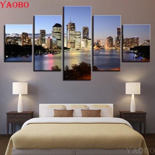 5 Piece Seaside City Building Night Seascape Diamond Painting Cross Stitch Kits full Square round Embroidery Pattern Mosaic art
