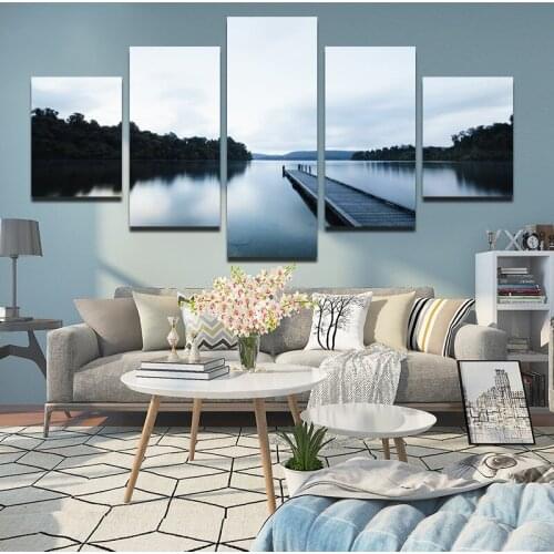 Cloudy Wooden Bridge Lake And Woods Reflection Natural Landscape Photography Photo HD Waterproof Ink Printing Decorative Poster