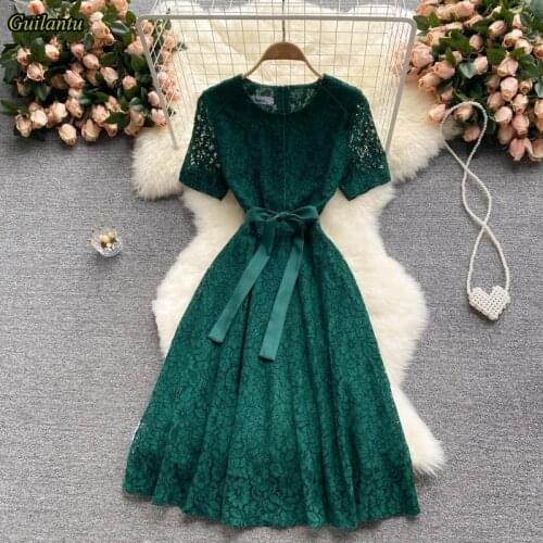 Guilantu Summer Offcie Midi Dress Women O Neck Short Sleeve Slim Lace Floral Green Bandgae Dress Elegant Sexy Club Party Dresses