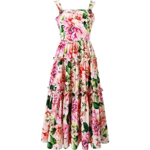 Sicily Runway Beading Petal Buttons Spaghetti Strap Dress Women Floral Printed Beach Dress Female Sundress Long Pleated Dresses