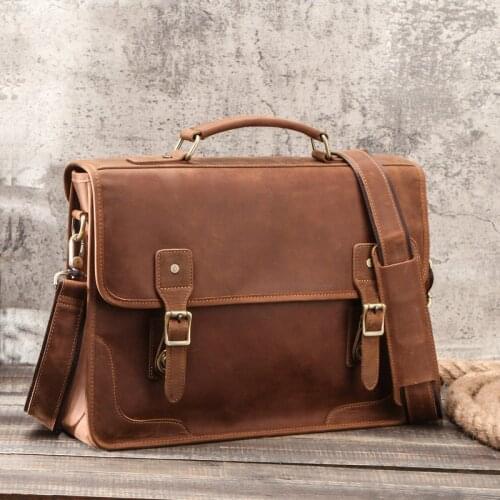 Mens Crazy Horse Leather Briefcase Fit 15" Laptop Fashion Genuine Leather Handbag Leather Business Shoulder Bag Brown Work Tote