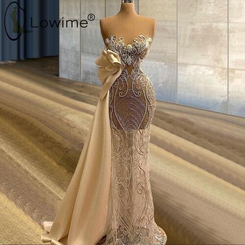 Sexy Champagne See Through Mermaid Evening Dresses Illusion O Neck Heavy Beading Evening Gowns Party Prom Formal Dress