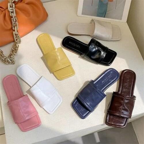 Macaron Morandi Candy Color Soft Leather Slippers Fashion Flat Platform Mule Shoes Women 2021 Summer Indoor Outdoor Beach Slides