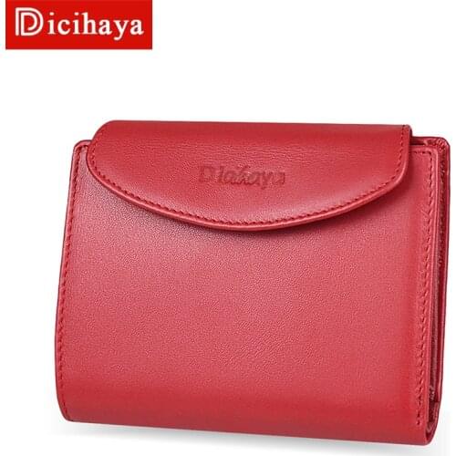 DICIHAYA Genuine Leather RFID Vintage Wallet Women With Coin Pocket Short Wallets RED Small Walet With Card Holders Female Purse