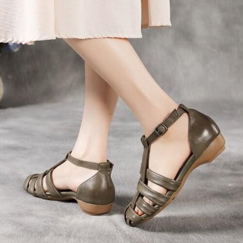YourSeason Ladies Buckle Strap Sandals 2021 Summer Sewing Handmade Flat With Women Genuine Leather Vintage Shoes