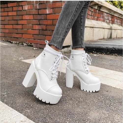 Lace Up Cross Tied Platform High Heels Ankle Boots for Women White Black Blue Block Heel Shoes Punk Gothic Combat Spring Boots