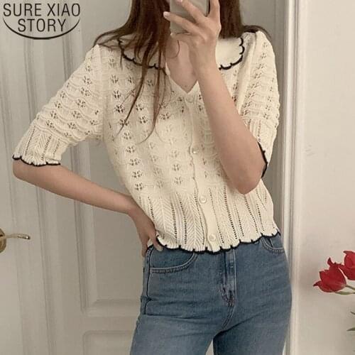 Women Cardigans Korean Chic Knitted Shirt Hollow Crochet Summer V-neck Short Sleeve Women Casual Pull Femme Vintage Tops 14163