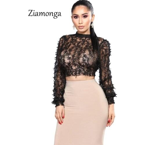 Ziamonga Bow Lace Long Sleeve T Shirt Women Summer Crop Top Sexy Slim Solid Black Fashion Short T-Shirts Female T-Shirt Tops Tee