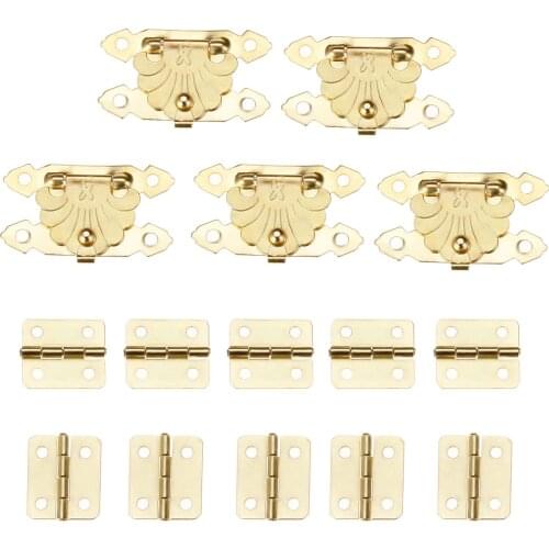 Gold 10Pcs Box Latch Hasp Clasp Furniture Buckle with 20Pcs Vintage Door Cabinet HInges Home Decor Accessories